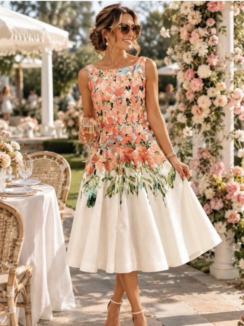 Danny & Nicole Floral Fit-and-Flare Midi Dress in Peach and White